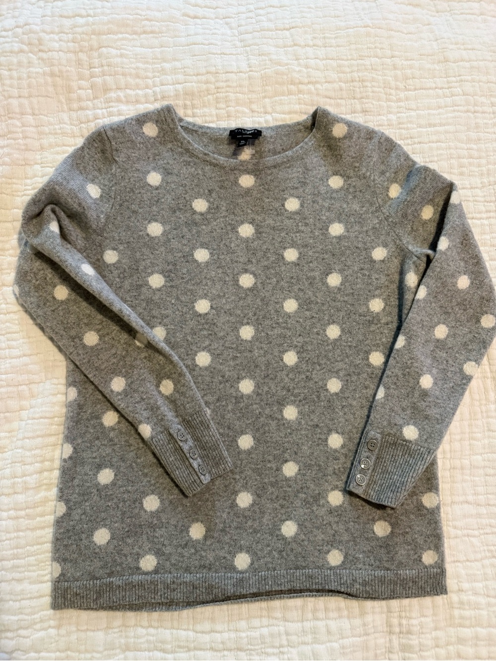 Talbots Petite Pure Cashmere Light Gray Crewneck Sweater with Cream Dot EUC
